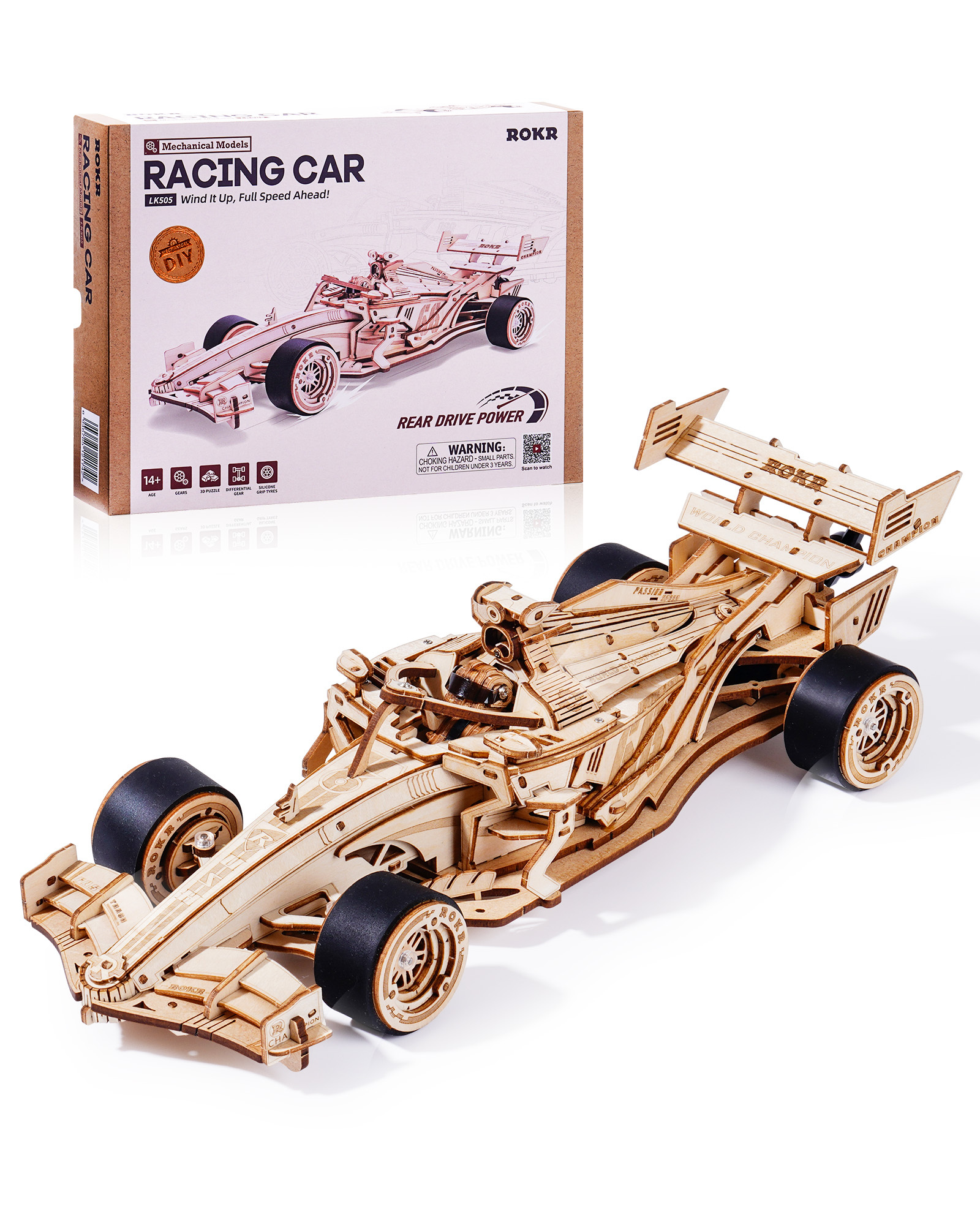 ROBOTIME 3D Holz puzzle Rennwagen Modell Kits mit mechanischem brüllenden Motor