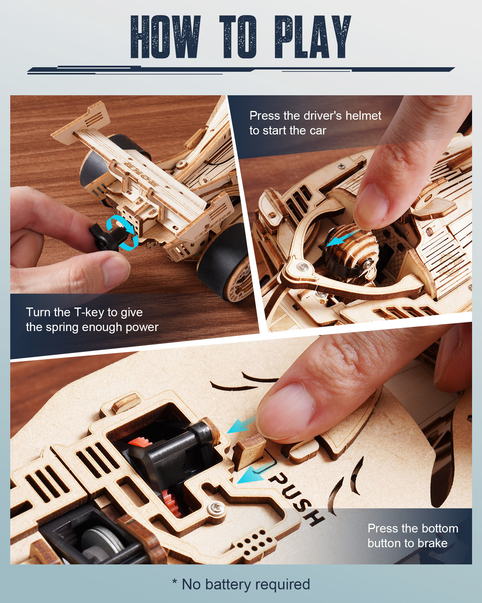 ROBOTIME 3D Holz puzzle Rennwagen Modell Kits mit mechanischem brüllenden Motor – Bild 9